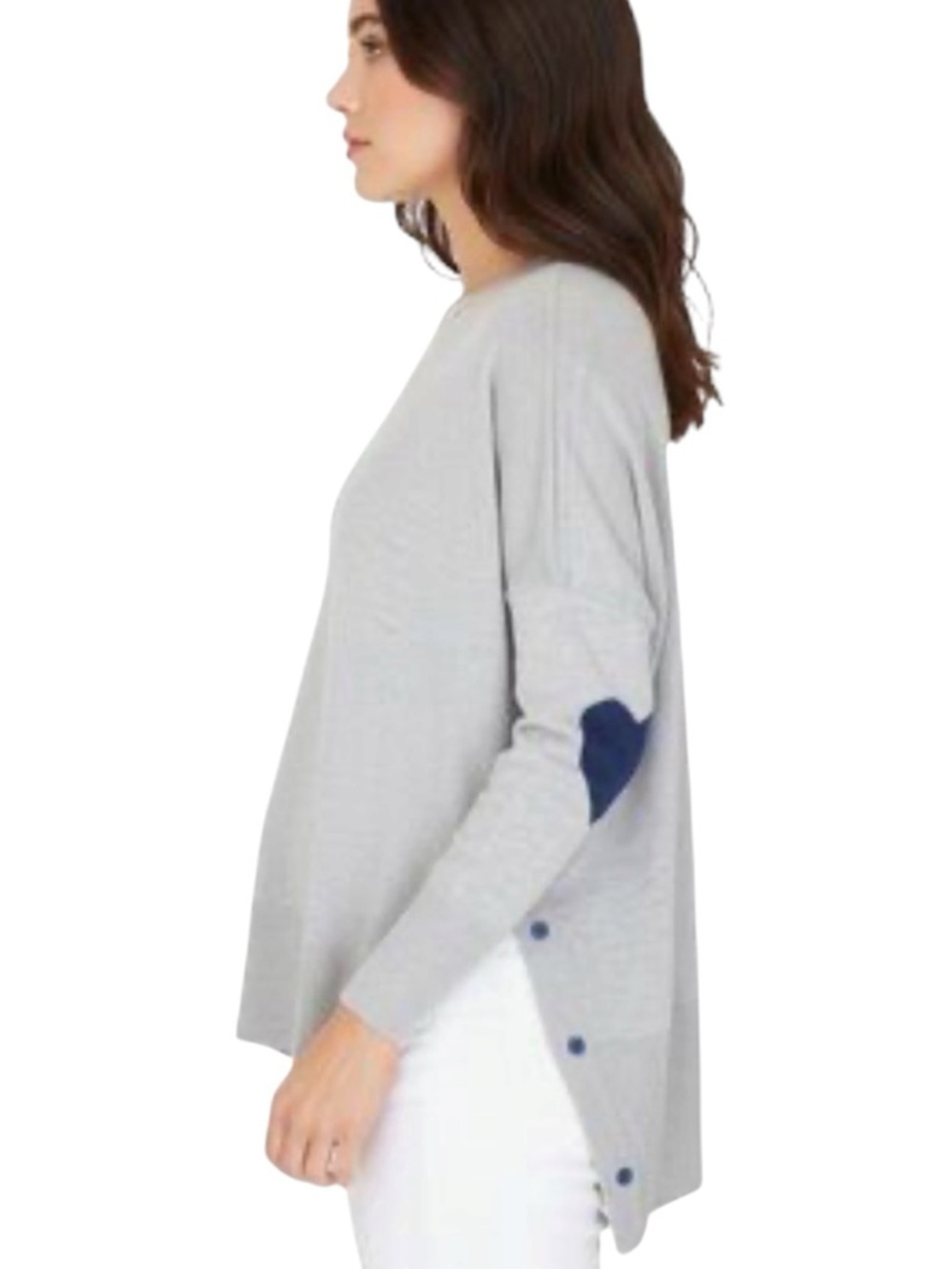 Mersea Women’s Amour Heather Gray Tunic Sweater, Heart Appliques/Button Sides OS